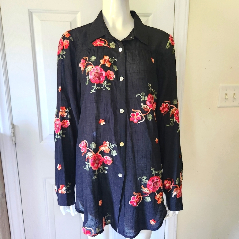 ANTHROPLOGIE FIG & FLOWER BLACK LONG SLEEVE FLORAL EMBROIDERED BLOUSE SZ LARGE